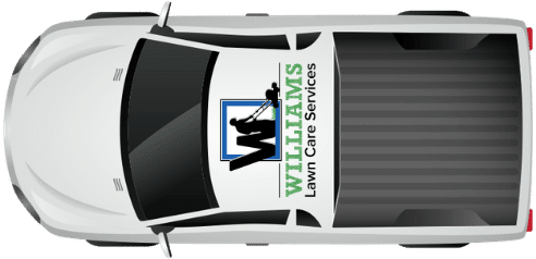 A Williams Lawn Care Services work truck as seen from above.